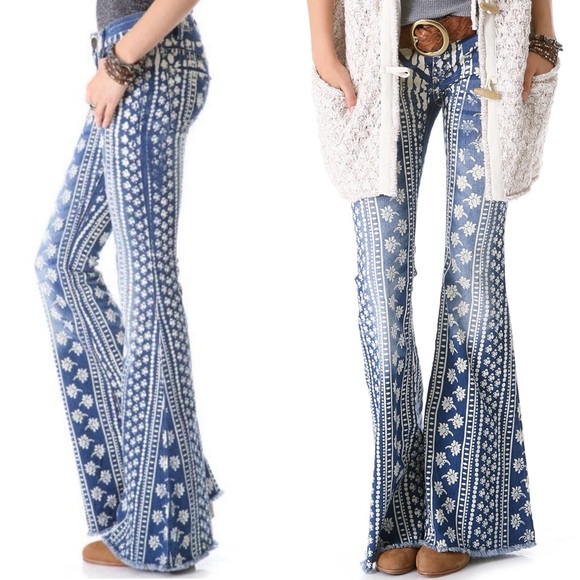 Free People Indigo and White Patterned Flare Jeans - Picture 3 of 16